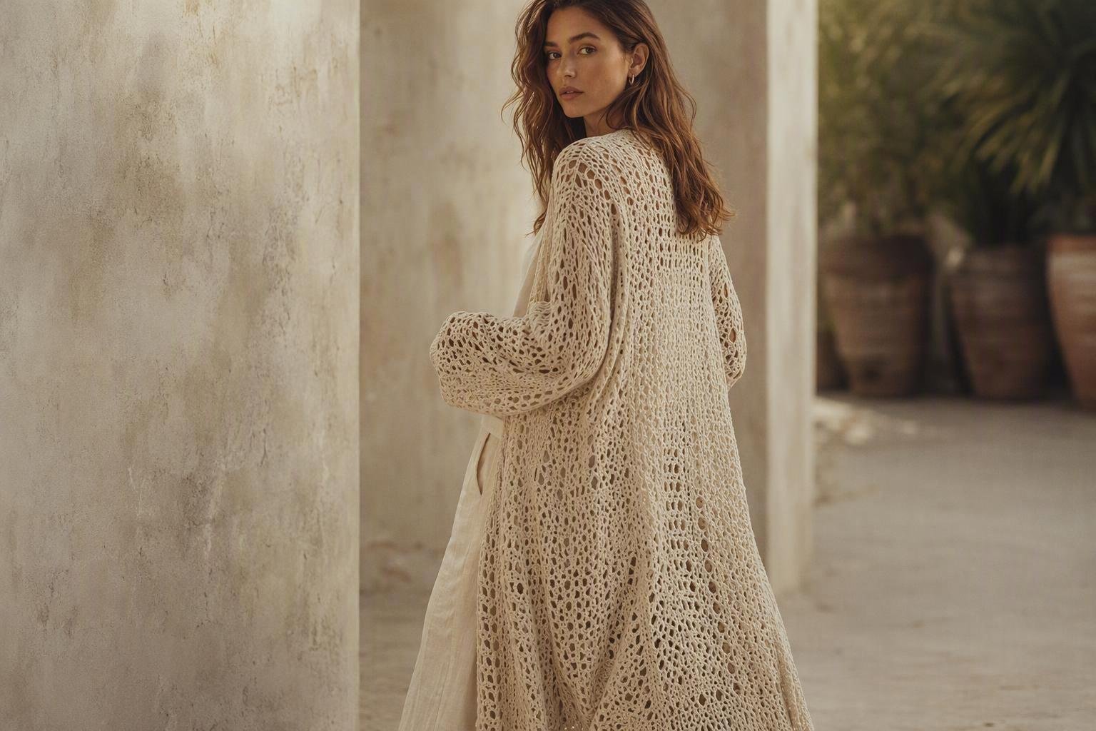 A long crochet-look cardigan in soft cream draped open over a model in warm editorial light.