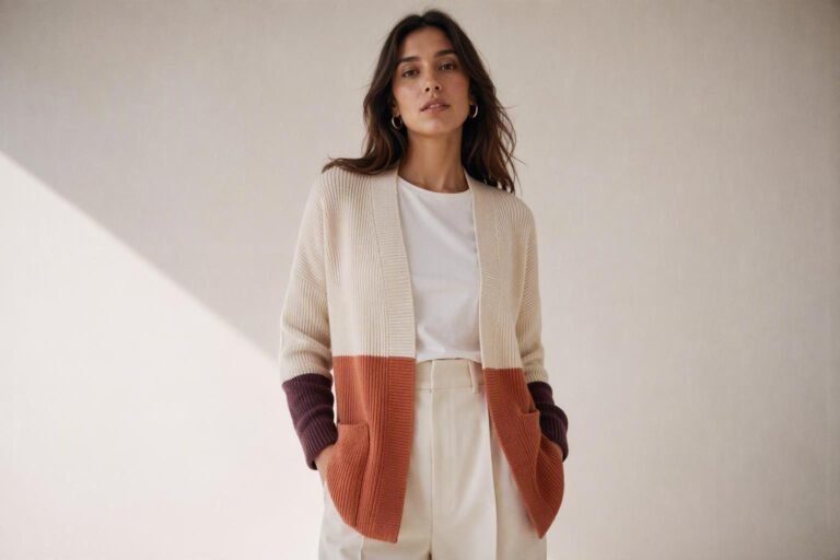 Cinematic editorial photograph of a woman wearing a modern color block knit cardigan built from clean ivory, terracotta and deep-toned solid panels — color block cardigan