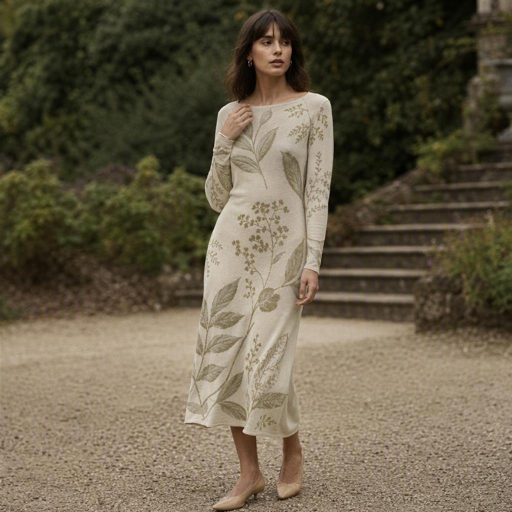 A muted earthy-toned botanical knit midi dress with fine leaves and stems knitted into the fabric, styled minimally in a soft-focus garden setting