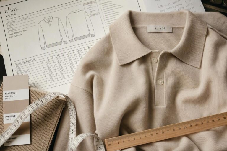 A premium mid-weight cashmere knit polo with a Milano-rib collar on a product-development table beside a tech pack, Pantone chips and measuring tools.