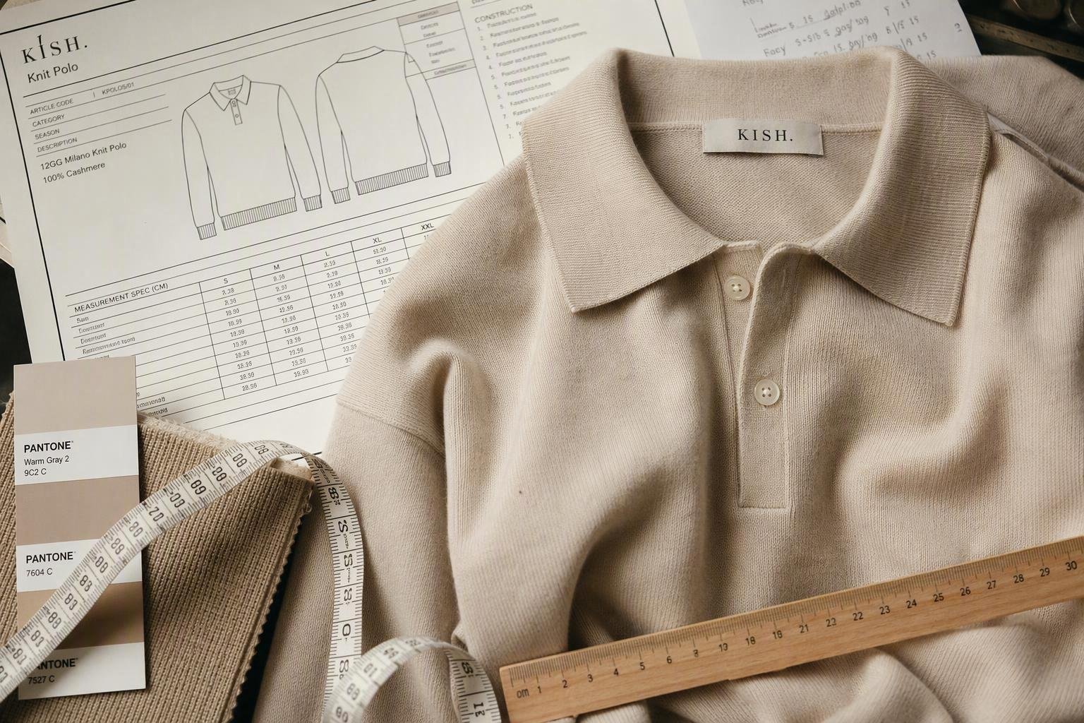 A premium mid-weight cashmere knit polo with a Milano-rib collar on a product-development table beside a tech pack, Pantone chips and measuring tools.