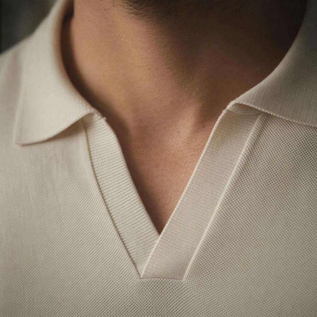 Close-up of the buttonless V-neck collar of a johnny-collar knit polo, ribbed collar texture and clean V opening, cinematic film-grain detail