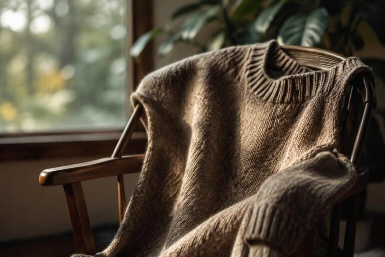 A folded classic knit sweater showing stitch definition, ribbed cuffs and hem, and yarn texture