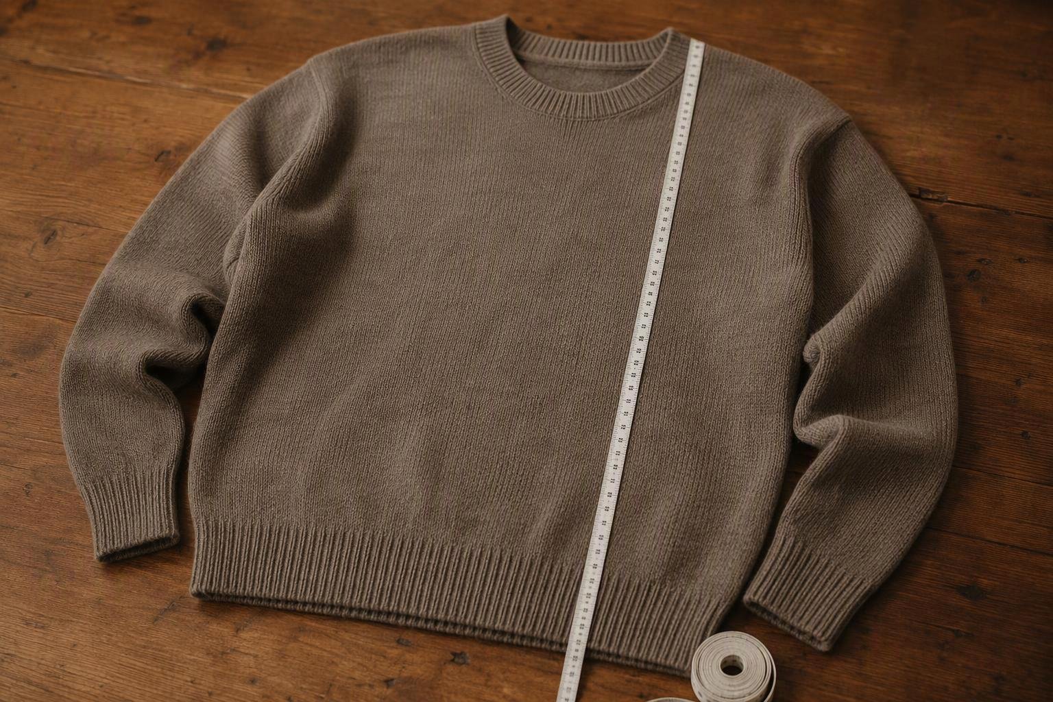 a sweater laid flat with the ribbed cuffs and hem visible, alongside a tape measure