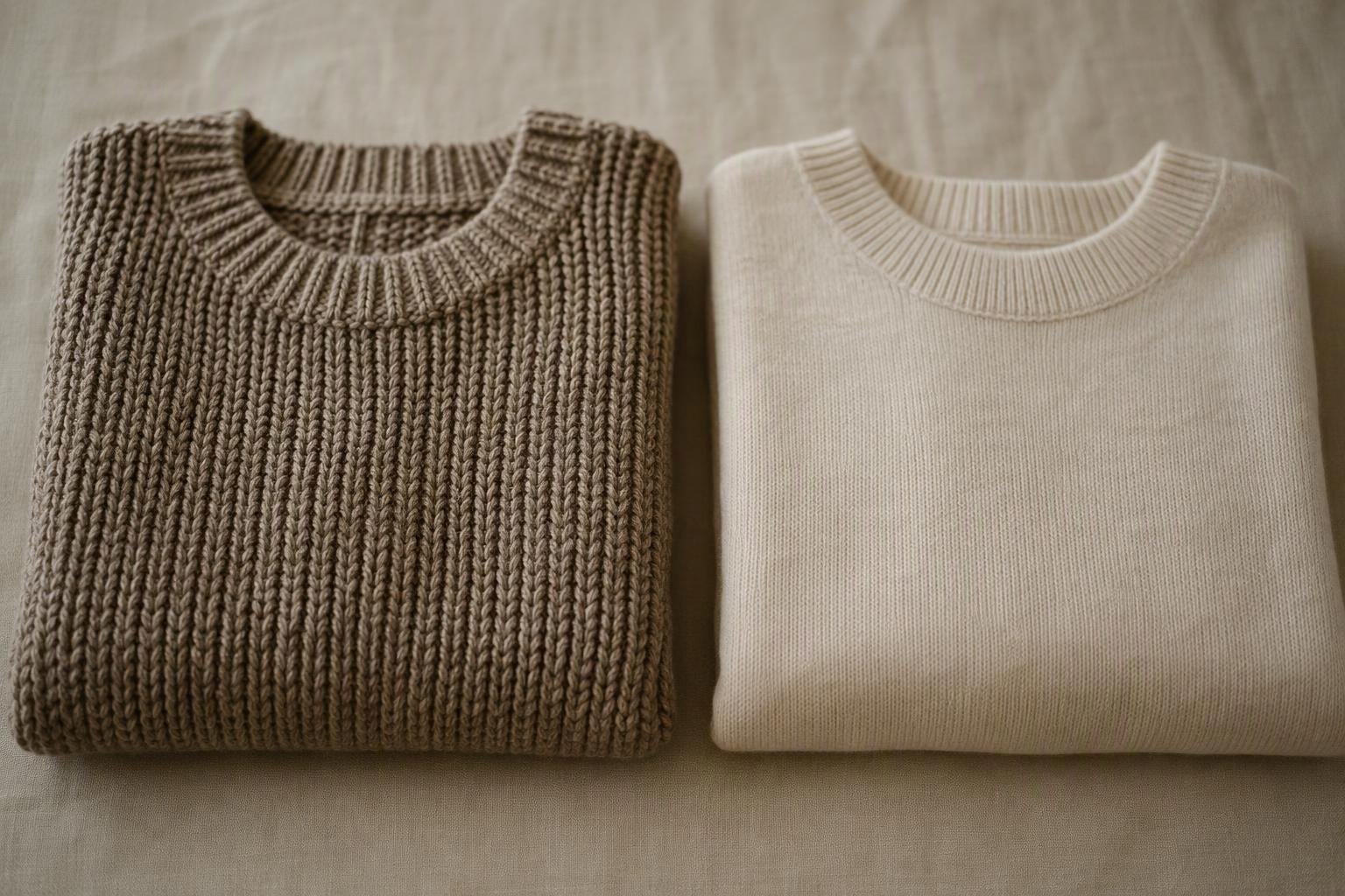 two folded sweaters of similar weight side by side, one visibly coarser and more textured than the other