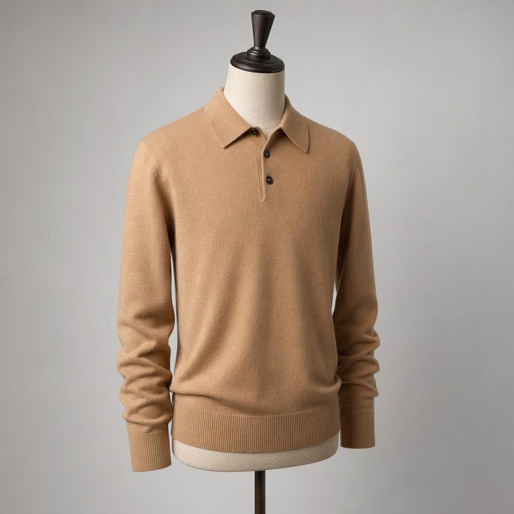 Mid-weight camel cashmere knit polo with knitted collar and short placket