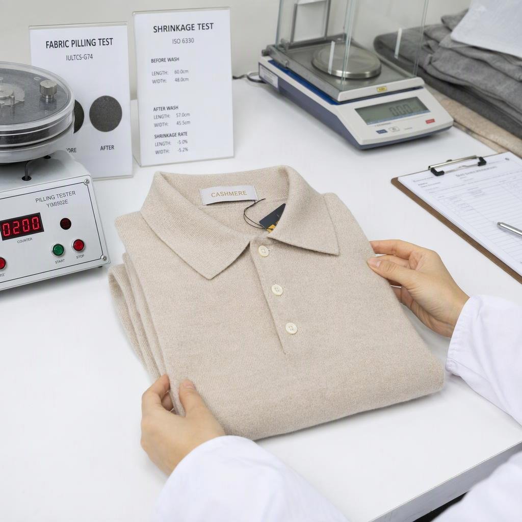 Quality control technician inspecting a folded cashmere knit polo garment