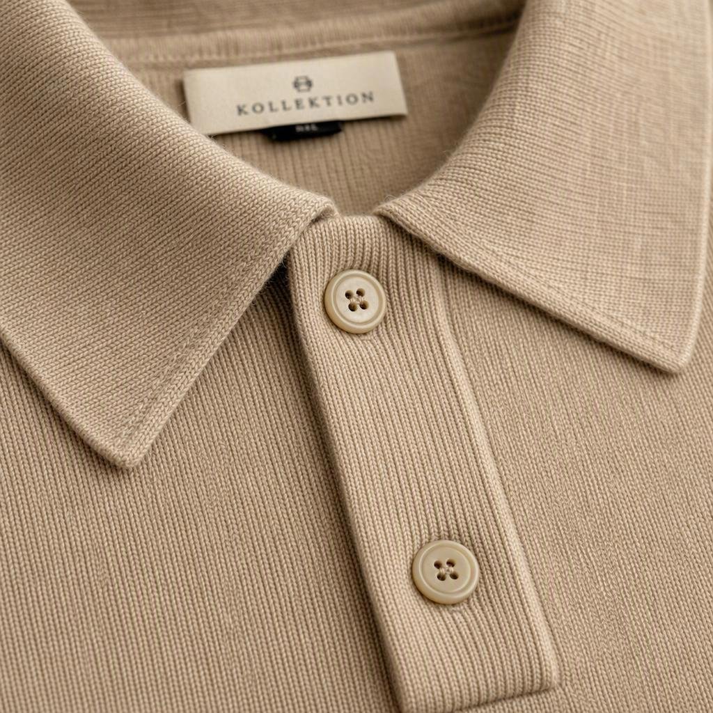Close-up of a Milano rib cashmere polo collar and placket detail