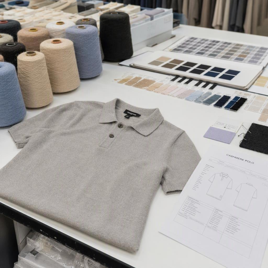 Factory sampling table with cashmere polo prototype, yarn cones, and lab dip swatches