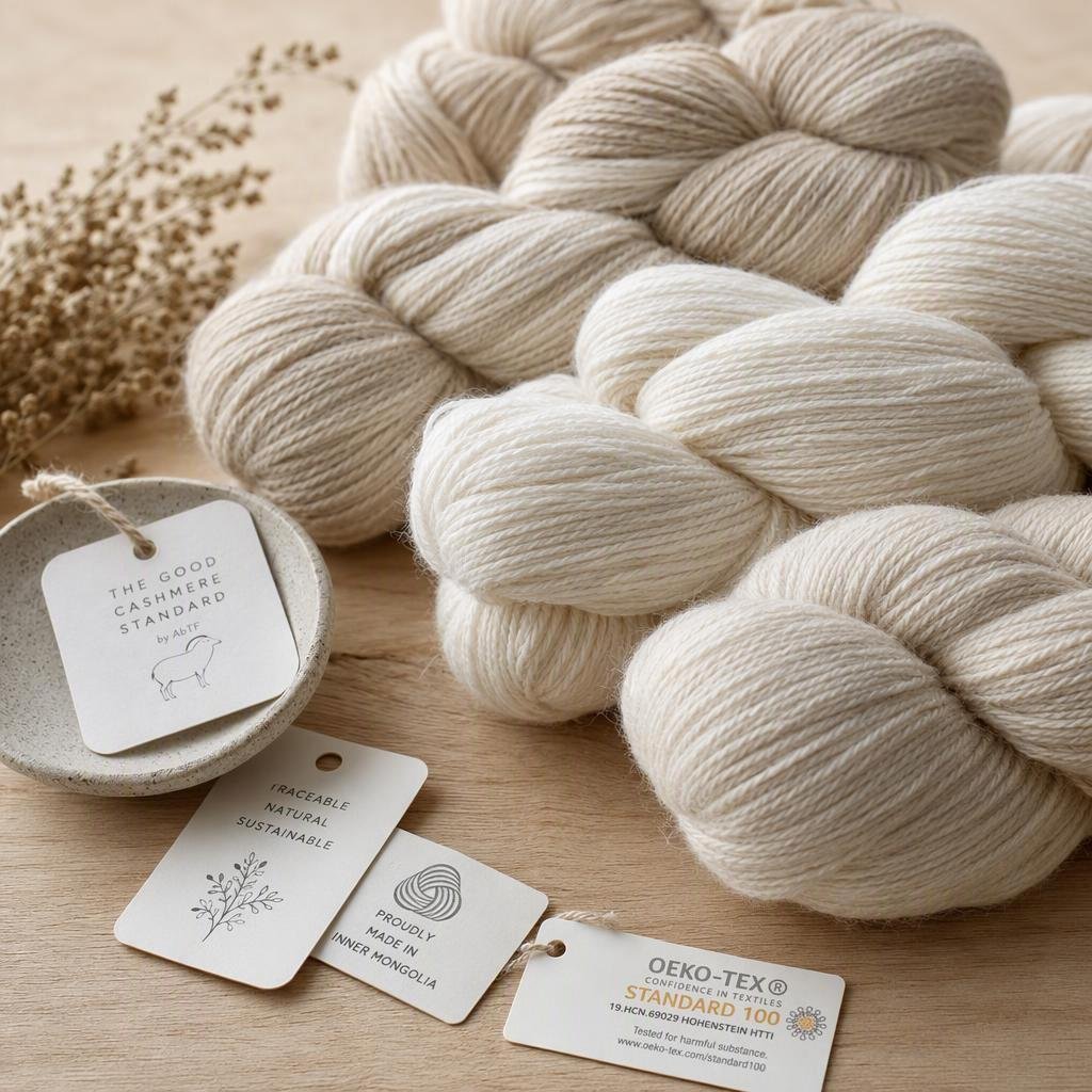 Skeins of natural undyed cashmere yarn with certification tags