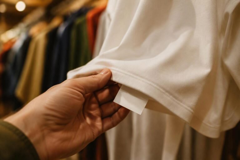 A pima cotton swatch card, fibre-content test report and care label laid beside a folded piqué polo