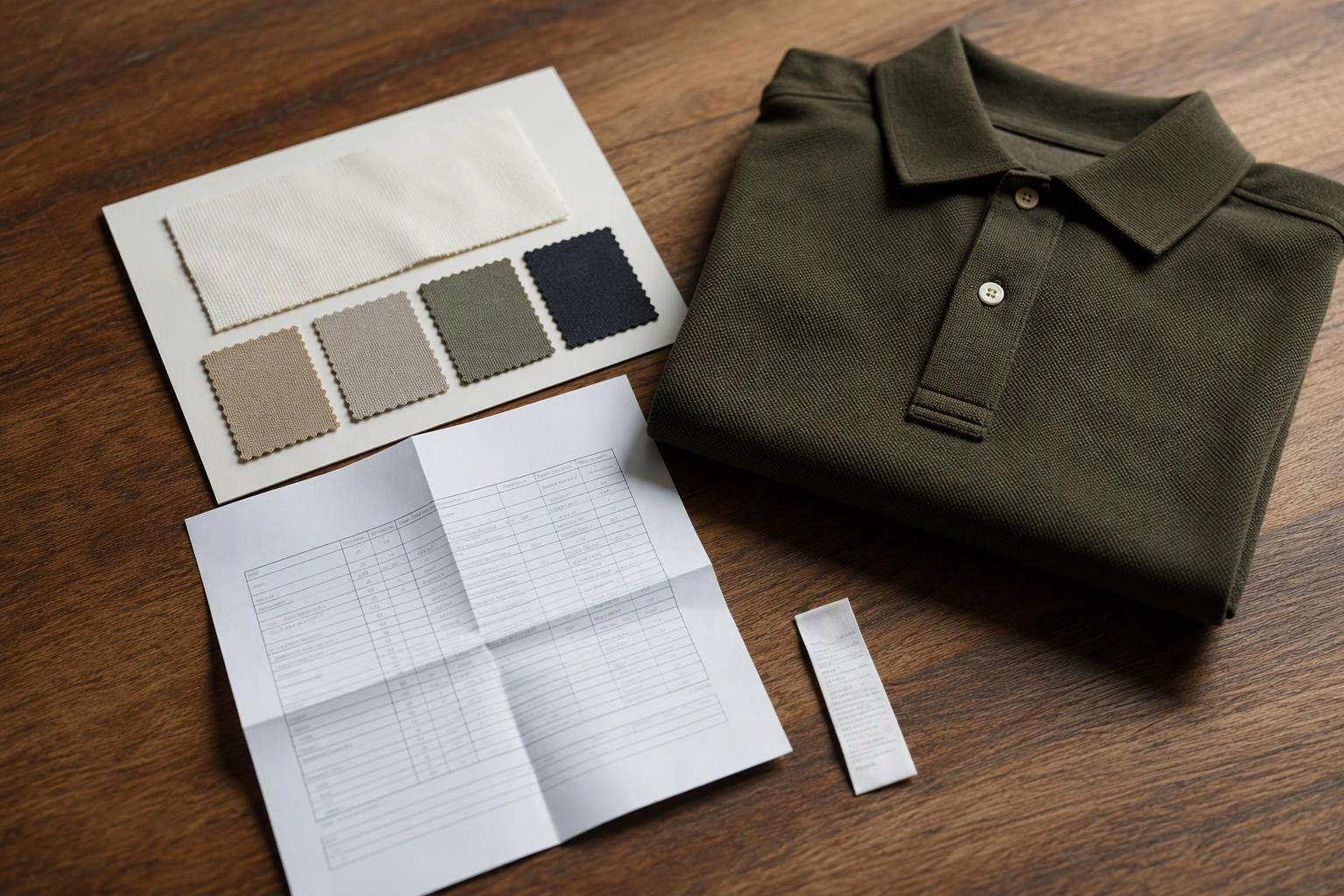 a flat-lay of a pima swatch card, a fibre-content test report and a care label beside a folded piqué polo