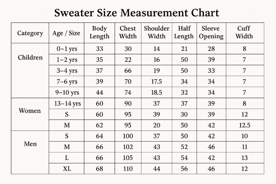knitwear size chart