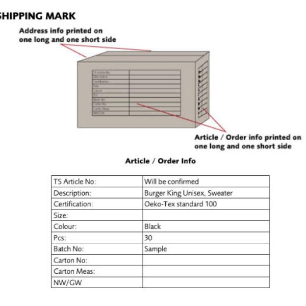 requirement of shipping burger king uniform